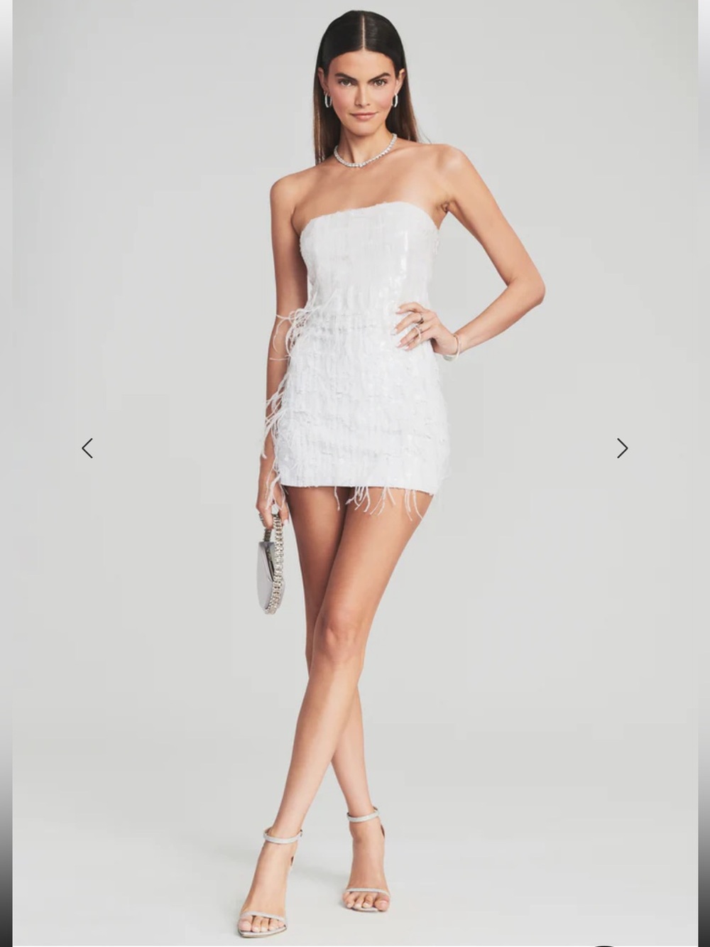 Retrofete White Strapless Feather-Trim Mini Dress